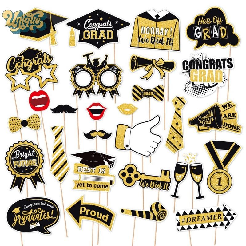 (ไม่ซ้ําใคร) 28 ชิ้นจบการศึกษา Photo Booth Props ชุด, DIY ตกแต่งการถ่ายภาพจบการศึกษา Party Pose ป้าย