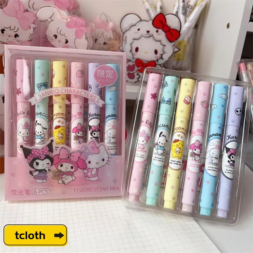 NOONOR 6 ชิ้นชุดปากกาไฮไลท์, Mymelody Kuromi Cinnamoroll นักเรียนของขวัญ Markers เครื่องเขียน, Creative Mark Key Points ปากกา Hello Kitty น่ารักการ์ตูนปากกาบัญชีมือโรงเรียน Office
