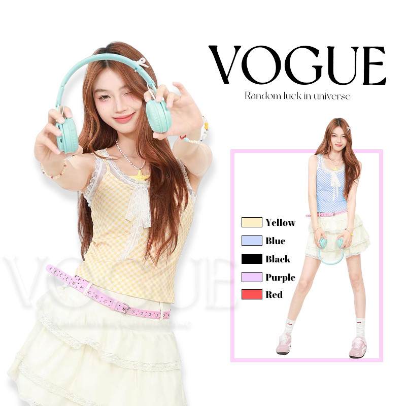 Vogue🌟พร้อมส่ง🌟 เสื้อกล้ามลายตางรางสีสดใสพาสเทล แต่งลูกไม้คอกลม เกาหลีมาก (FYL33024)