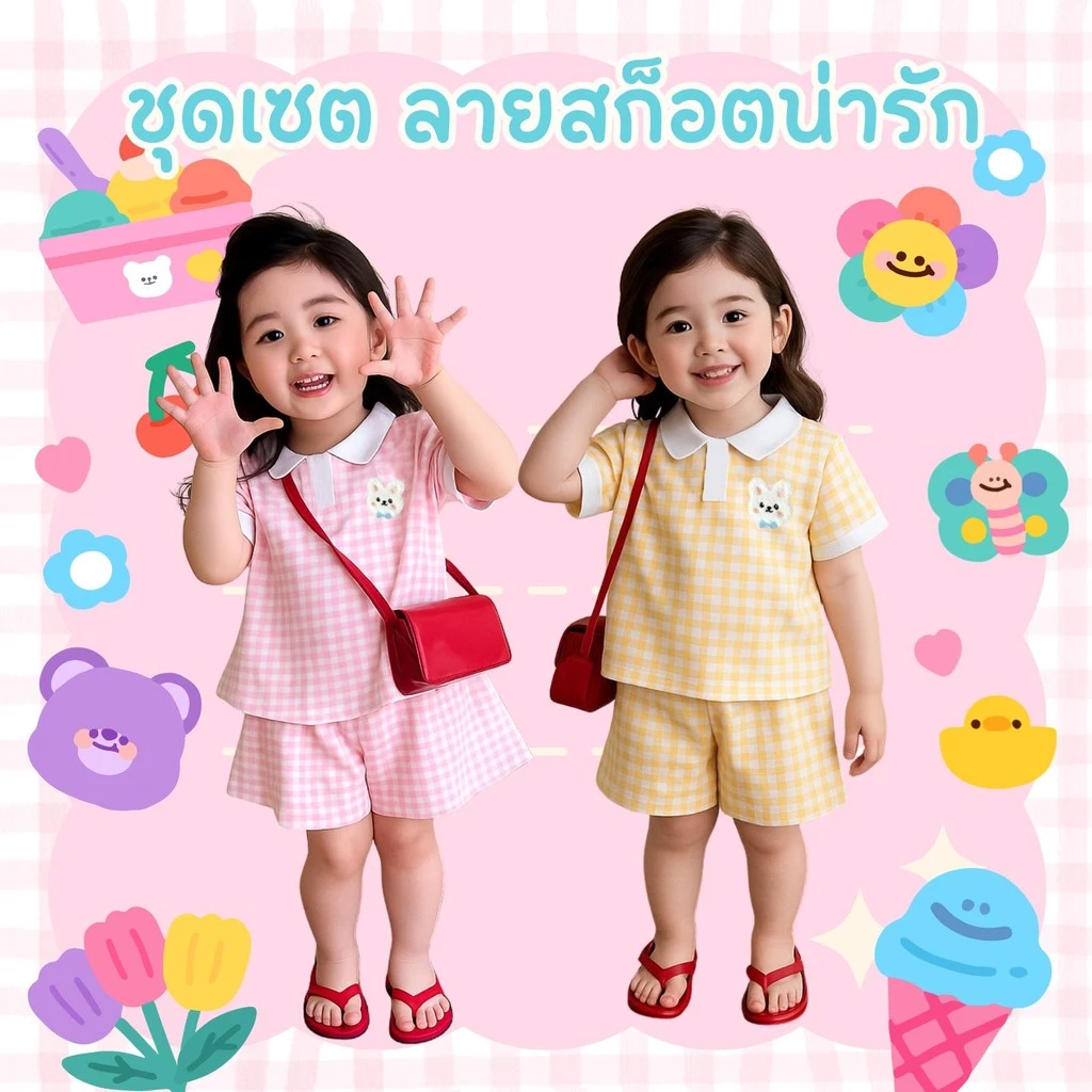 DOlemi Baby ชุดเสื้อ เสื้อแขนสั้น+ กางเกงขาสั้น ชุดเซตน่ารัก ลายสก็อต สไตล์เกาหลี ใหม่ สำหรับเด็กหญิง