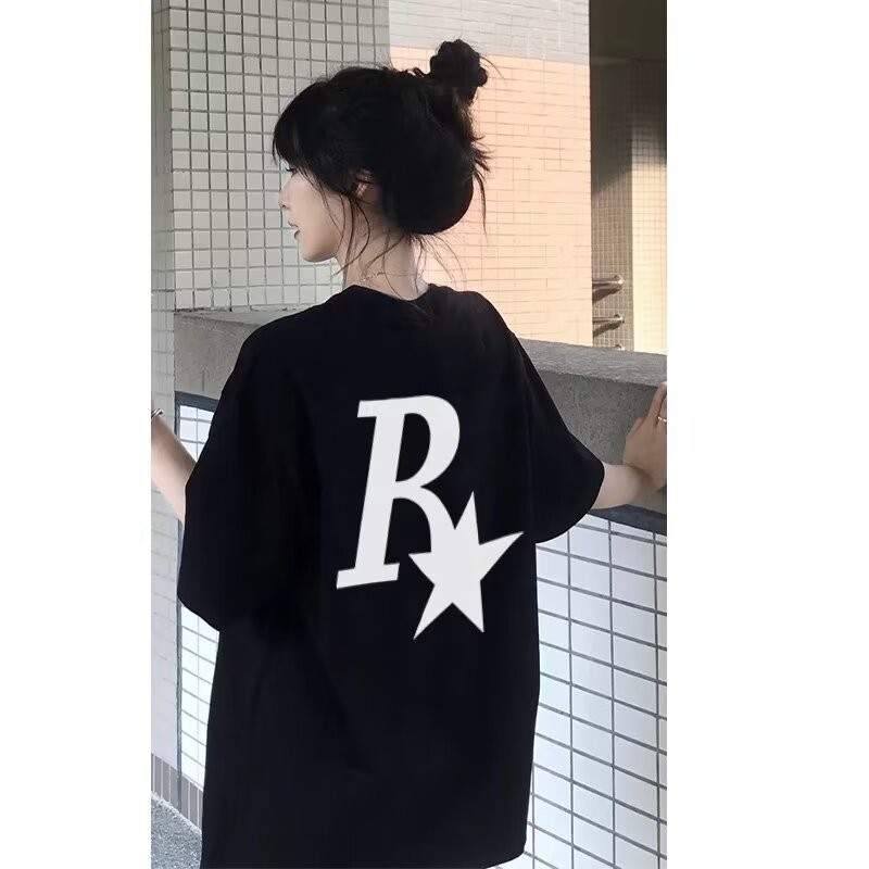 เสื้อยืดพิมพ์ลายใหม่หลวม 23 American ins Street Wear Top Letter 2025NEW20252024ฤดูร้อนแขนสั้นสไตล์ให