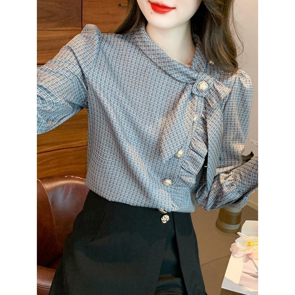 ฝรั่งเศส High-End เสื้อชีฟองผู้หญิงหรูหราแขนยาวตรวจสอบด้านบน 2025 ฤดูใบไม้ร่วงแฟชั่นประณีตเสื้อขนาดเ