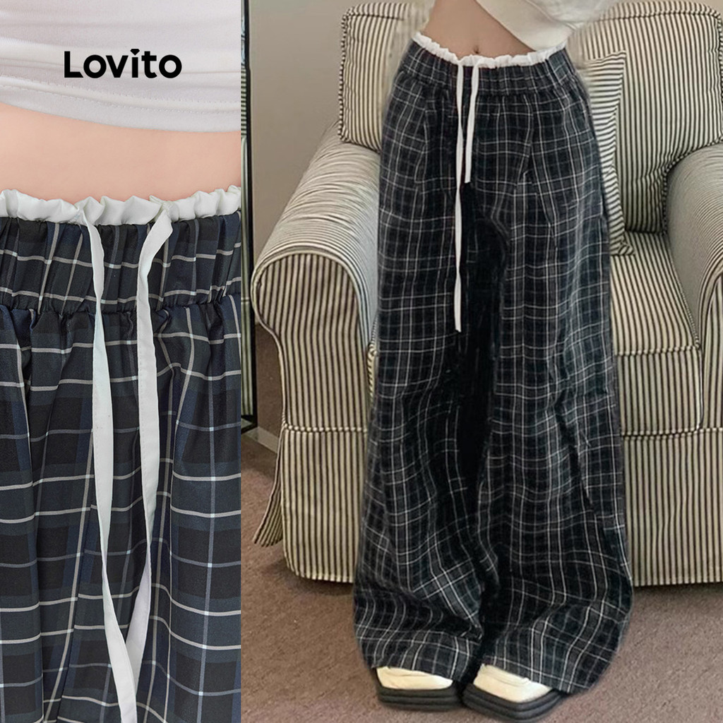 Lovito กางเกงชู๊ตลายลูกไม้สายรัด สีสันบล็อกสำหรับผู้หญิงช่วงSpring/Summer L151AD075