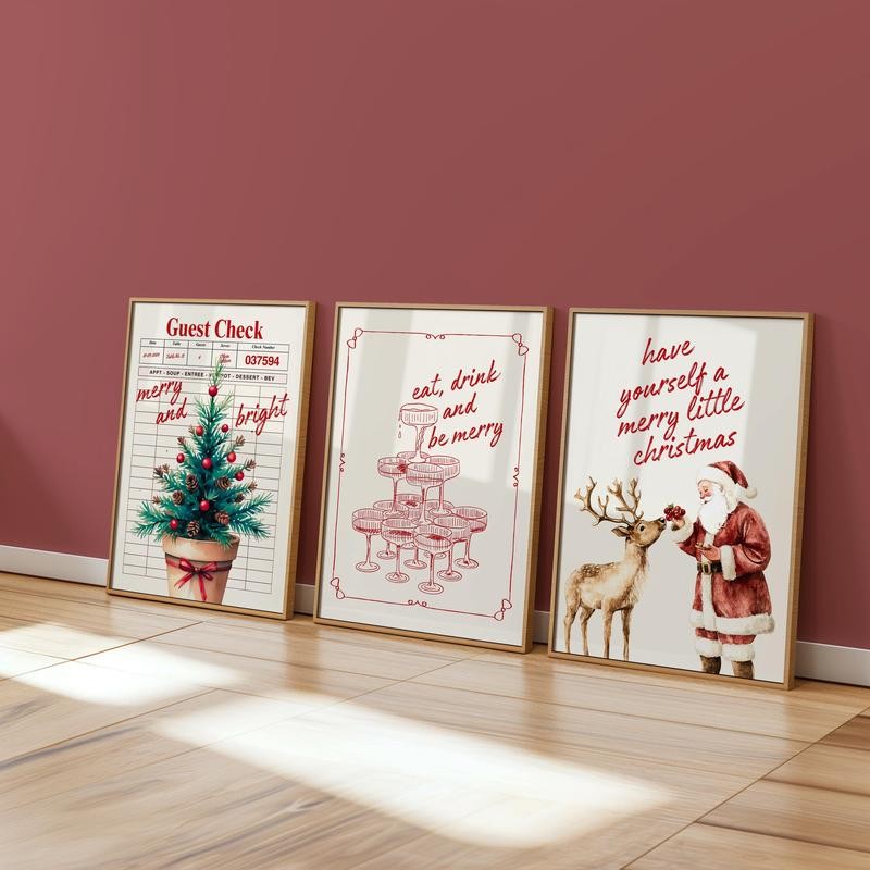 ชุด 3 ชิ้น Christmas Wall Art Guest Check พิมพ์ตกแต่งวันหยุด Typography Art, Christmas Coctail พิมพ์