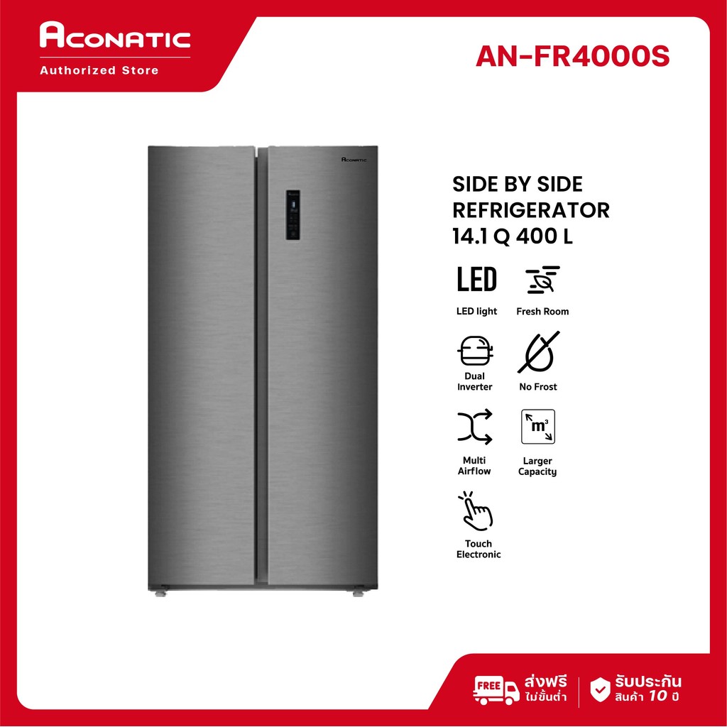 (NEW 2025) Aconatic ตู้เย็น Side by Side 14.1Q รุ่น AN-FR4000S สี White Silver Inox ระบบ Dual Inverter ควบคุมสัมผัส