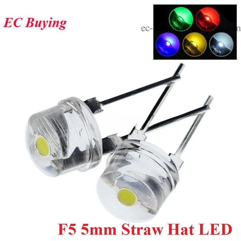 50pcs F5 5 มม.หมวกฟาง LED ไดโอด Super Bright โคมไฟใส 0.5W Light Emitting Diode สีแดงสีเหลืองสีเขียวสีฟ้าสีขาว Diy