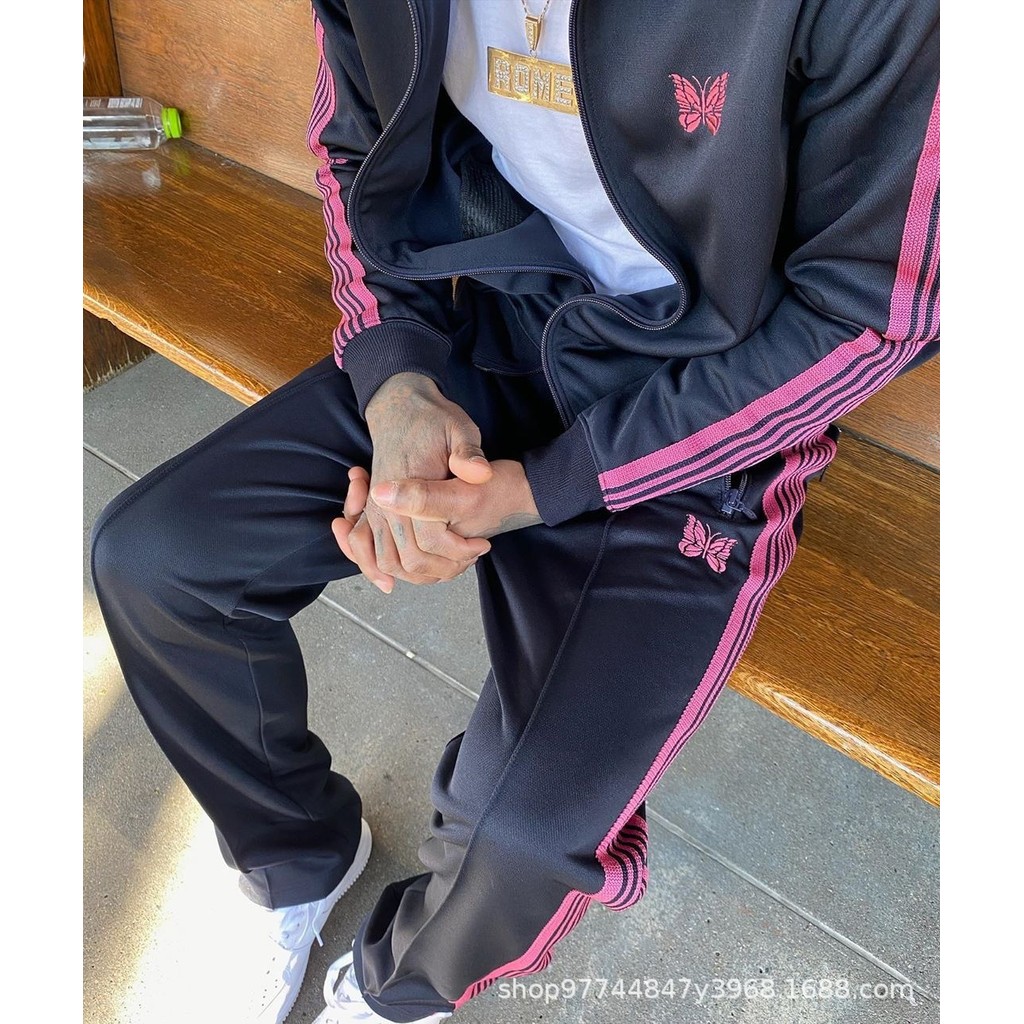 Needles Vintage vintage Striped Casual Jacket Sports Fabric Men's and Women's Jacket Black