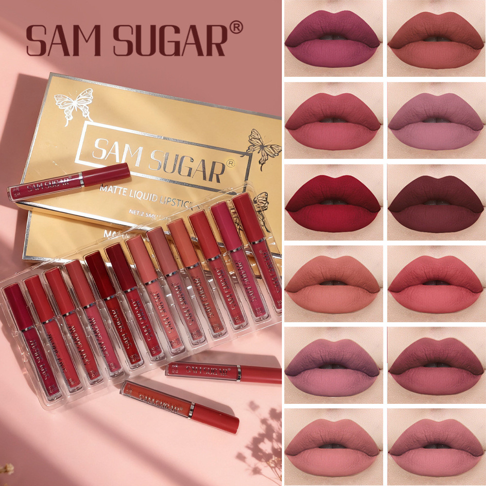 SAM SUGAR ชุดลิปกลอสแมตต์กํามะหยี่ 12 ชิ้น/กล่อง กันน้ํา ไม่ติดแก้ว ลิปกลอสไม่เปื้อน ไม่ซีดจาง ชุดลิปสติกเหลวสีแดงนู้ด