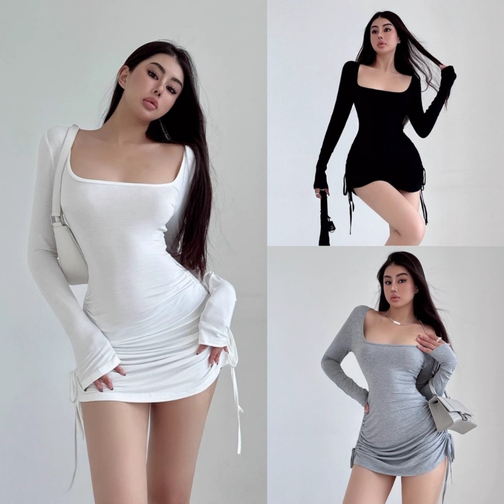 Bella Shop ชุดเดรสสั้นแขนยาวคอuเซ็กซี่สำหรับผู้หญิง ชุดเดรสกระชับสัดส่วนเอวรูด