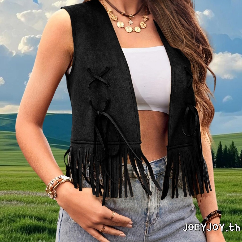 เสื้อกั๊กผู้หญิงแขนกุด เปิดด้านหน้า มีพู่แข็งทนทาน สวมใส่ง่าย - รูปที่ 7