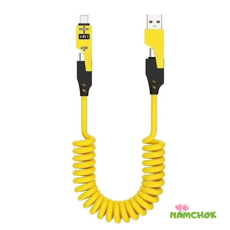 สายเคเบิลข้อมูล 4-in-1 แบบสปริง สายเคเบิลข้อมูลชาร์จเร็วสำหรับโทรศัพท์ สายชาร์จ-NK