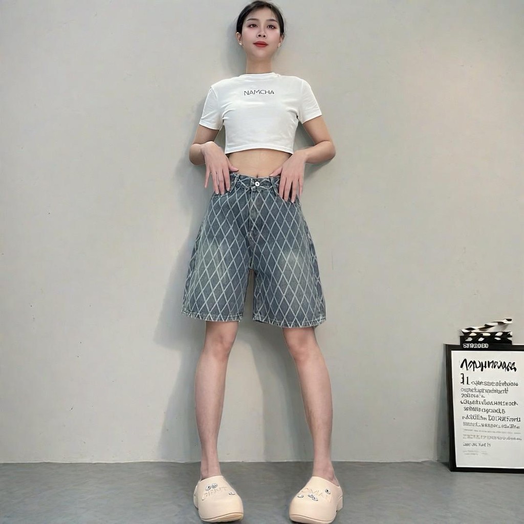 NAMCHAกางเกงยีนส์ กางเกงยีนส์สามส่วน ยีนส์ขาสั้น พิมพ์ลาย #-2562