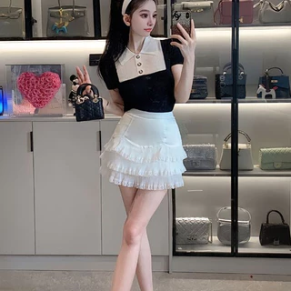 2Pure desire lace lace ruffled a-line skirt small white short skirt female 2025 กระโปรงจีบ