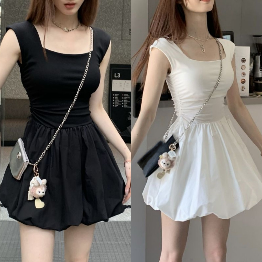 Bella Shop  กระโปรงทรงเอไลน์ทรงบานฟูสไตล์ฝรั่งเศส เดรสคอเหลี่ยมฤดูร้อนใหม่