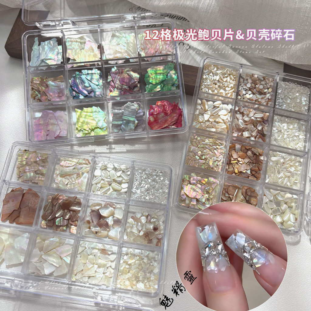 ชุดตกแต่งเล็บลายเปลือกหอย 12 ช่อง เศษเปลือกหอยธรรมชาติสีรุ้งบางๆ