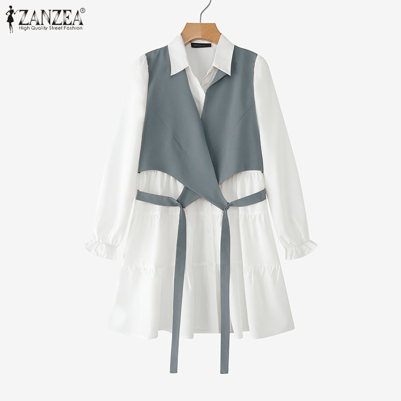 ZANZEA ซานเซีย ชุดแซนเด일 สไตล์เกาหลี ผูกเสื้อคอลสแตนดาร์ด แขนยาว เหมาะสำหรับใส่ออกงานหรือในวันหยุด — صورة 6