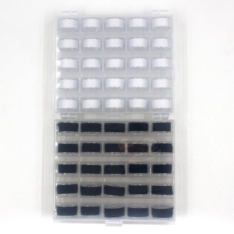25 พร้อมพลาสติก 25 ชิ้นสีดําสีขาว Bobbin ชุด Line Storage Line สีโปร่งใสพร้อมสต็อก Grid Bobbin กล่อง