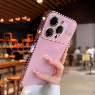 ใหม่หรูหราสีชมพูเคลือบเคสโทรศัพท์แม่เหล็กแข็งพร้อมฟิล์มป้องกันเลนส์สําหรับ ไอโฟน 14/15/16/17 มือโปร สูงสุด