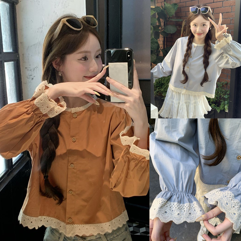 Cuties 💖W603  เสื้อแขนยาวแฟชั่น เกาหลี  มีกระดุม  ผู้หญิงแขนยาวย้อนยุคหลวมรอบคอเสื้อลูกไม้ลําลองท็อปส์ ไซส์S-XL