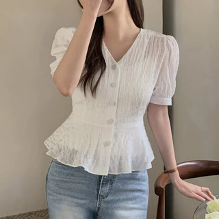 laterme S-2XL เสื้อเชิ้ตผู้หญิงสีขาวคอวีแต่งระบาย