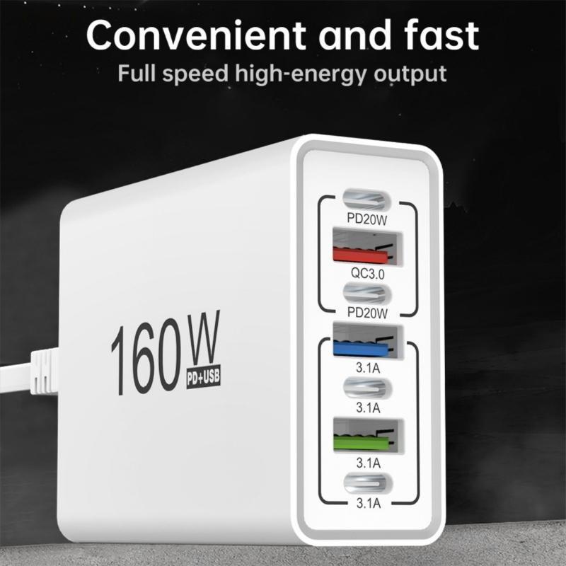 Utake 160W อะแดปเตอร์ชาร์จ USB หลายพอร์ต Fast CHARGING Wall Adapter Type C USB