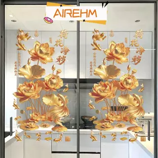 AIRE1HM 2 ชิ้นดอกไม้ Koi สติกเกอร์, Anti-static พลาสติก Golden Lotus สติ๊กเกอร์ติดผนัง, สไตล์จีนผลสติกเกอร์ตกแต่งสําหรับห้องน้ําห้องนั่งเล่นและห้องนอน