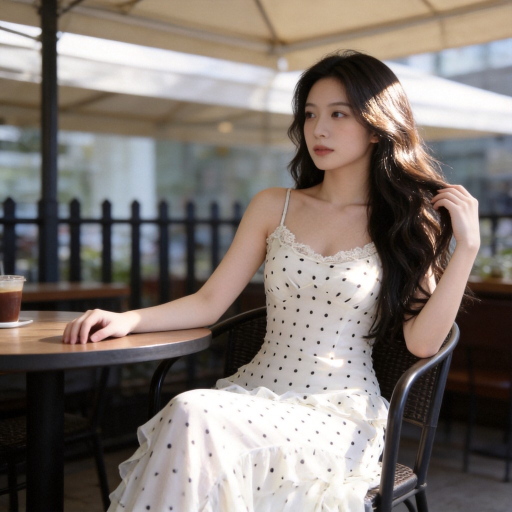 เดรสสายเดี่ยวสีขาวลายจุด ทรงเอเข้ารูป มินิมอลเรียบหรู