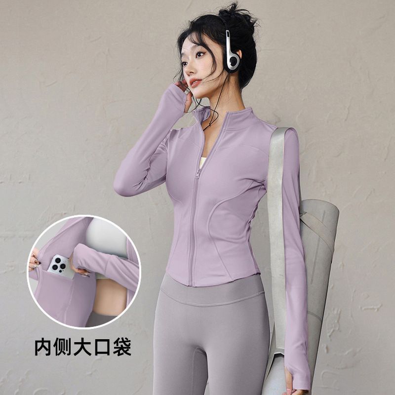 口袋瑜伽服外套普拉提训练服防晒衣女外穿显瘦长袖拉& 链运动健身衣Sunscreen clothes for women, breathable and quick drying running clo