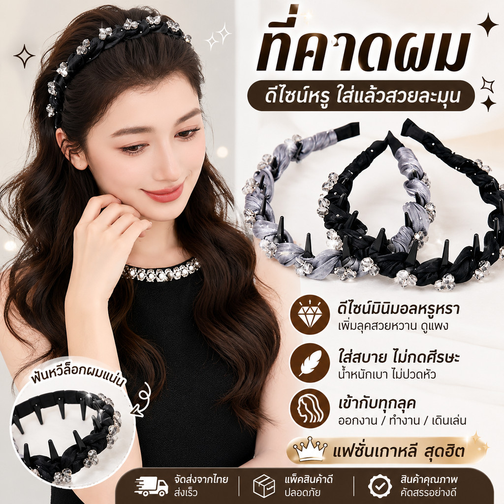 ที่คาดผมคริสตัลหรู ที่คาดผมแฟชั่นผู้หญิง ประดับเพชรวิบวับ ดีไซน์เรียบหรู ใส่สบาย ไม่กดศีรษะ สไตล์เกาหลี พร้อมส่งจากไทย