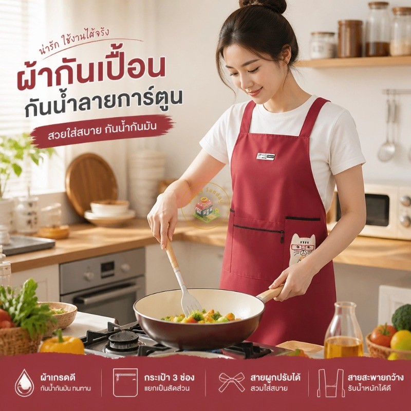 ผ้ากันเปื้อนครัวโพลีเอสเตอร์เคลือบไล่น้ำมัน เช็ดคราบสกปรกง่าย สายสะพายกว้างไม่เจ็บไหล่ ลายแมวน่ารักมี 3 เฉดสีให้เลือก