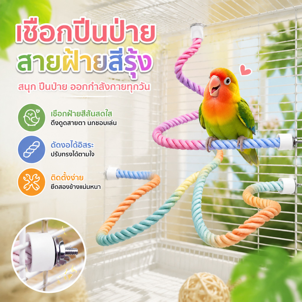 🦜ของเล่นนกแก้ว ของเล่นฝึกนก มีสายเหล็กข้างใน บิดงอตามใจชอบได้ ชิงช้าเชือก ของเล่นนก แบบเกลียว