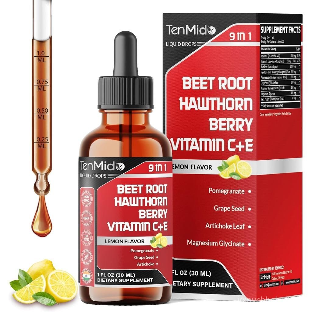 9in1 Beet Root Extract Liquid Drops with Vitamin C, Vitamin E, Hawthorn Berry, Pomegranate, Grape Se