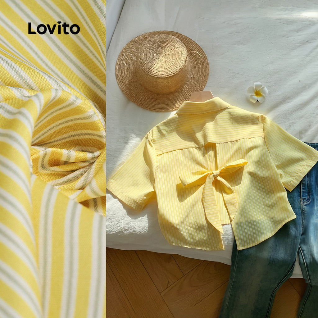 Lovito วันหยุด เสื้อเชิ้ตครอปทรงหลวมลายทางผูกโบว์หลังผ่าหลัง เสื้อเบลาส์สีเหลืองฤดูใบไม้ผลิ/ฤดูร้อนสำหรับผู้หญิง เกาหลี อินเทรนด์ L139AD390