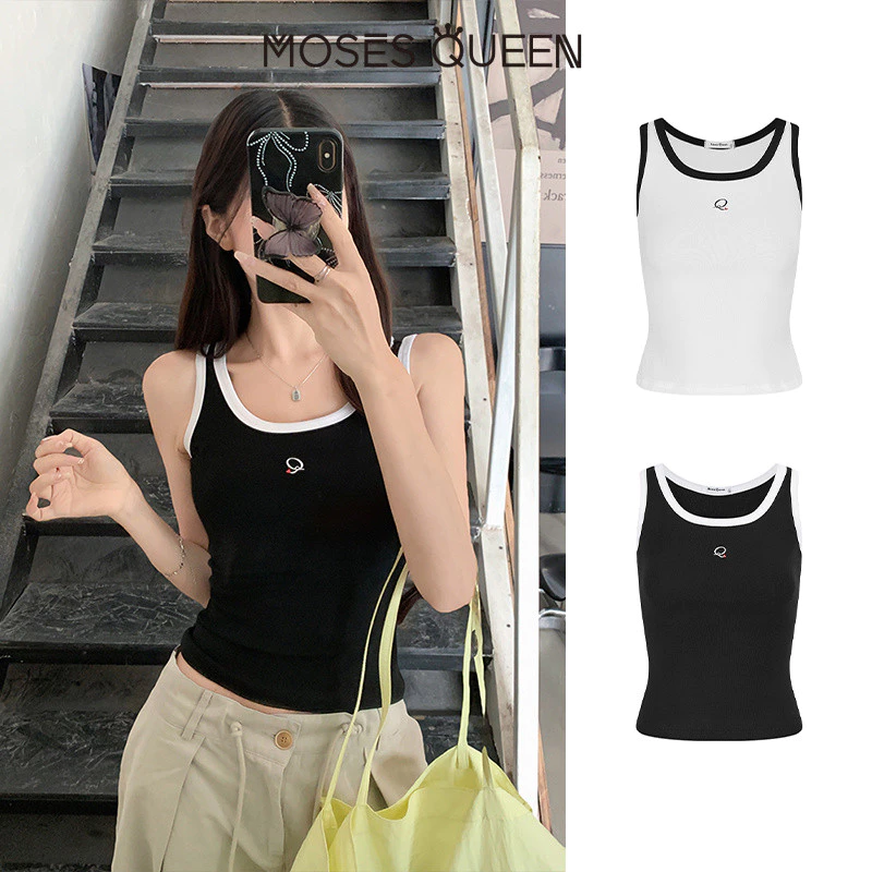 MOSESQUEEN เสื้อมินิแบนด์eauปักสีตัดกันสวมเสื้อแขนกุดด้านในเข้ารูป #63783
