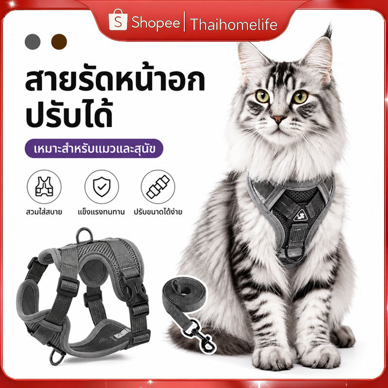 สายจูงแมวและสุนัข มีความยาว 1.5 เมตร เสื้อคอกรัดตัวทำผ้าตาข่ายระบายอากาศได้ดี ชุดอุปกรณ์ครบชุดพร้อมนำออกไปใช้งานได้ทันที