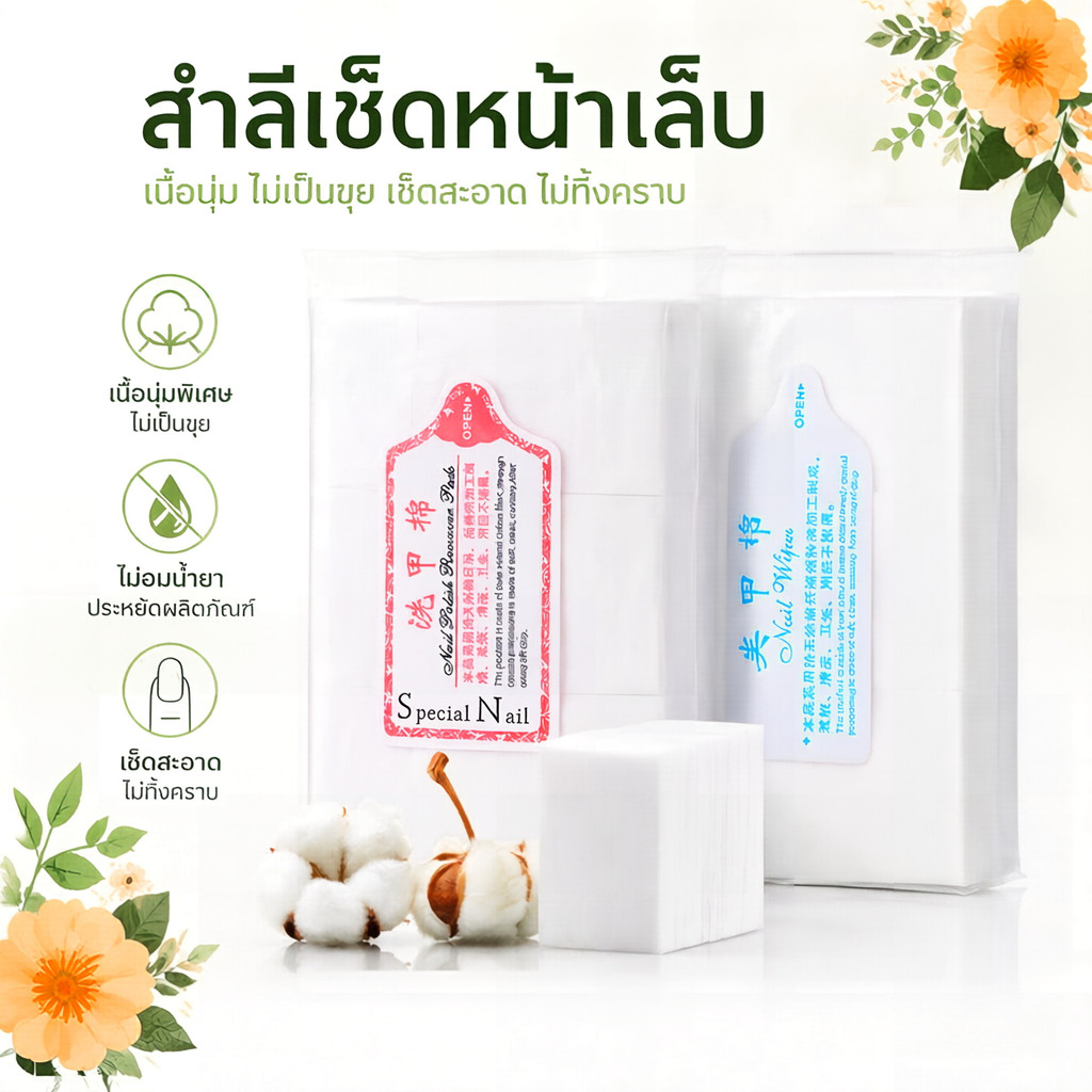 สำลีไร้ขน 2 แบบ แข็ง/นุ่ม ไม่อมน้ำยา สำลีเช็ดเล็บ ทำเล็บ ใช้เช็ดหน้าเล็บ ทำความสะอาดเล็บ สำหรับช่างทำเล็บ