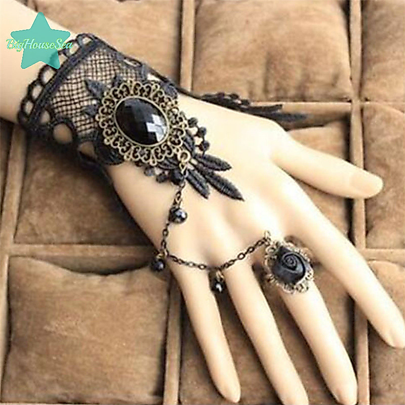 [BigHouseSea] สร้อยข้อมือลูกไม้สีดําคุณภาพสูง Finger Hand Chain Harness สร้อยข้อมือผู้หญิงโลหะใหม่