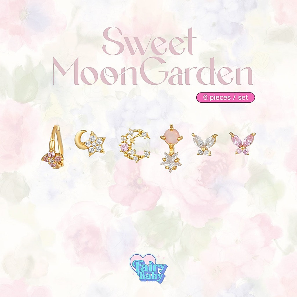 Fairybaby เซทต่างหู Sweet Moon Garden 6 ชิ้น ชุดต่างหู ผีเสื้อ พระจันทร์ ดาว ตุ้มหู ห่วง เครื่องประดับ แฟชั่น จิวน่ารัก