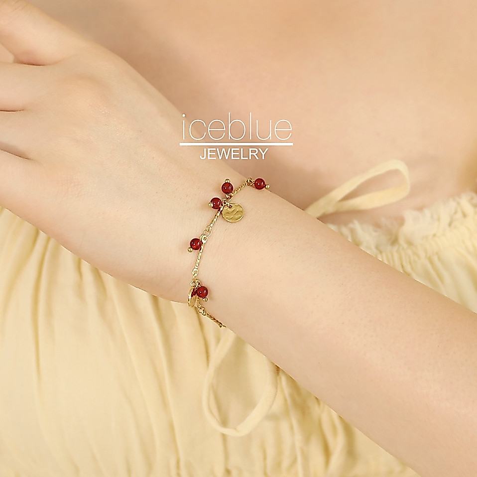 ไอซ์บลู-ธรรมชาติอาเกตสีแดงหินด้วยสร้อยข้อมือโซ่ลูกปัดทองสําหรับผู้หญิง18พันชุบทองกันน้ําไม่ฉีกขาดเครื่องประดับสแตนเลสสร้อยข้อมือทองไทเท ข33