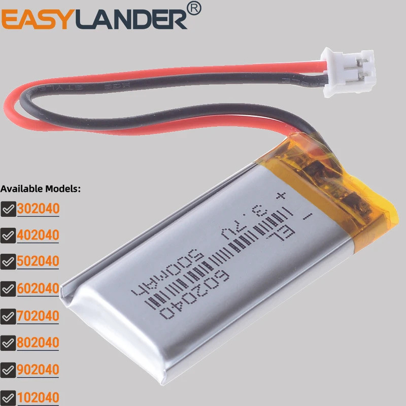 JST2.0mm 2Pin 3.7V 600mAh 602040 แบตเตอรี่ลิเธียมโพลิเมอร์ Li-ion 302040 402040 502040 702040 802040