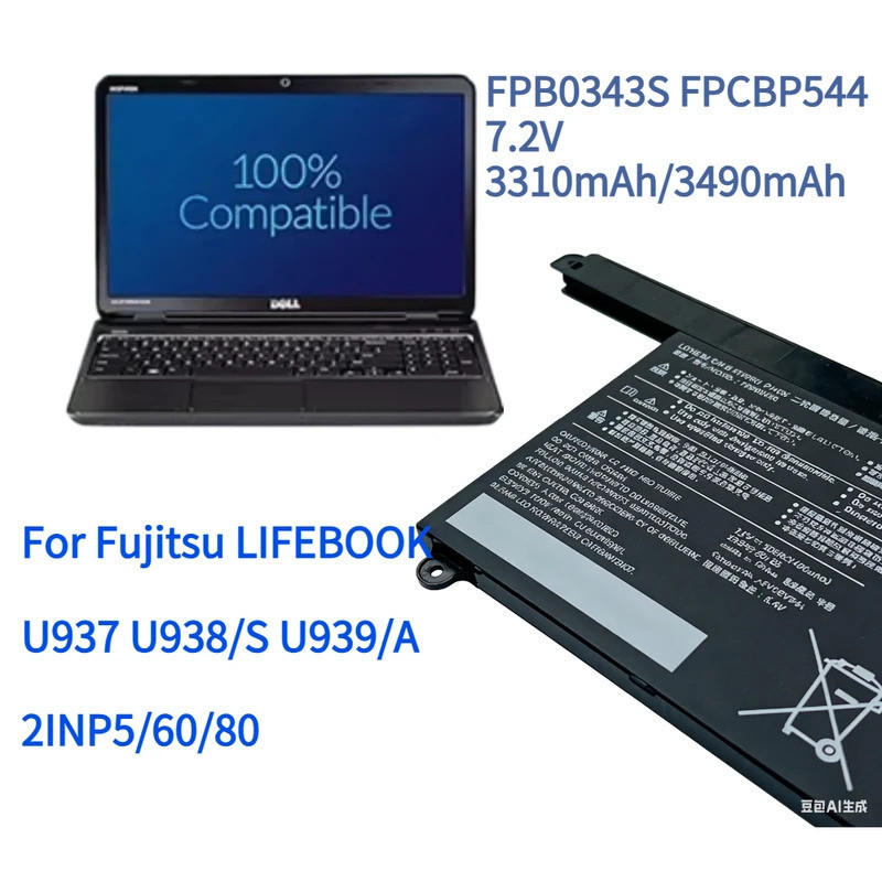 สําหรับFujitsu LIFEBOOK U937 U938/S U939/A 2INP5/60/80 FPB0343S FPCBP544 7.2V 3310mAh/3490mAh 25Whแบ
