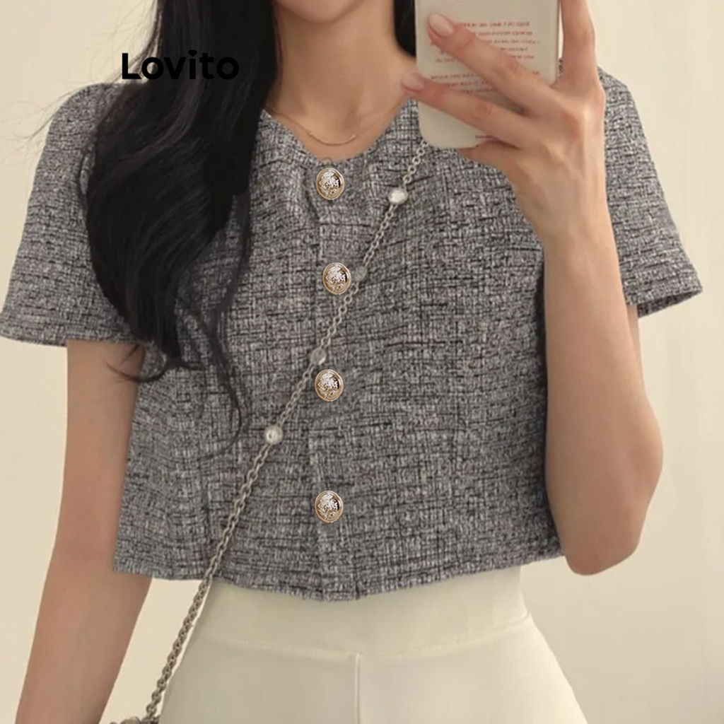 (สง่างาม) Lovito เสื้อลําลองเสื้อฤดูร้อนปุ่มธรรมดาสําหรับผู้หญิง L121MD636