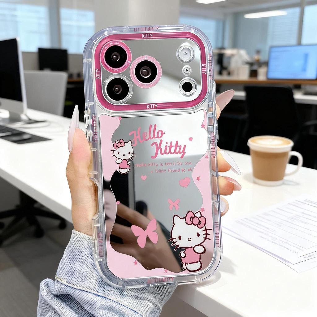 เคสไอโฟน ป้องกันเลนส์ ลายผีเสื้อสีชมพู กระจกมองหน้า มีขาตั้ง แถมสายคล้องชมพู iPhone11 13 15 18/17ProMax พร้อมส่JHJMNYK88