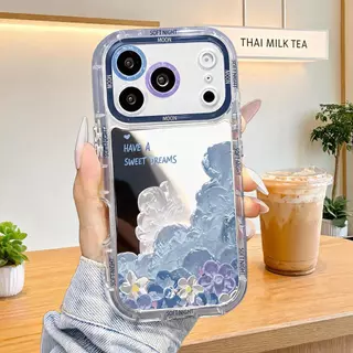 เคสไอโฟน ป้องกันเลนส์ ลายภาพวาดสีน้ำมันดอกไม้สีฟ้า มีขาตั้ง แถมสายคล้องชมพู iPhone11 13 15 17ProMax พร้อมส่งJHJMNYK83