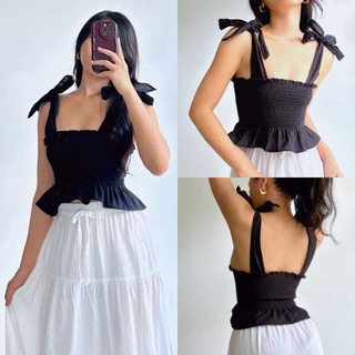 Sunny&Co Cotton Linen Fashionable Colors Smocking Seletie Summer Sexy Casual Blouse Crop Top For Wom