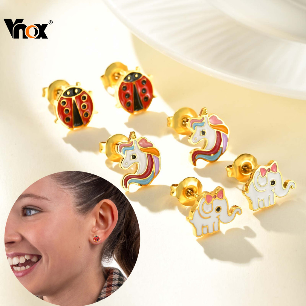 VNOX วีน็อกซ์ เด็กทารกอุปกรณ์สัตว์ที่มีสีสันต่างหูสตั๊ดน่ารัก,สแตนเลส ไม่แพ้ง่าย ทารกแรกเกิดเครื่องประดับ