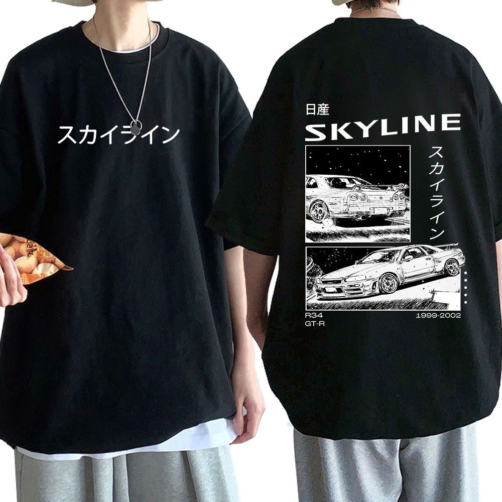 เสื้อยืดสองหน้านิทรรศภาพ anime drift AE86 และ R34 Skyline GTR สำหรับทุกเพศ