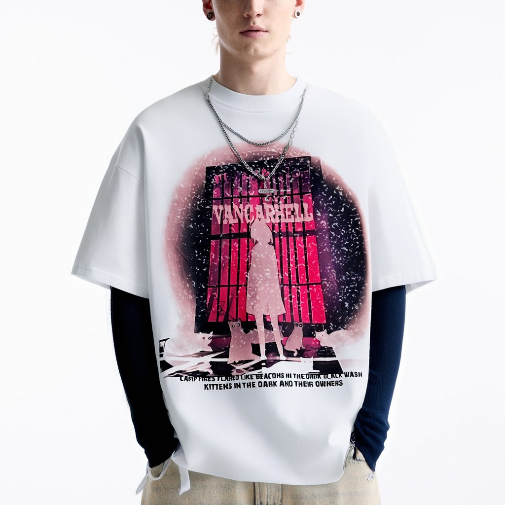 S3O4 Short Sleeve T Men's Summer T-Shirt with Distressed Design, Unisex Loose Fit, Metal Necklace, C