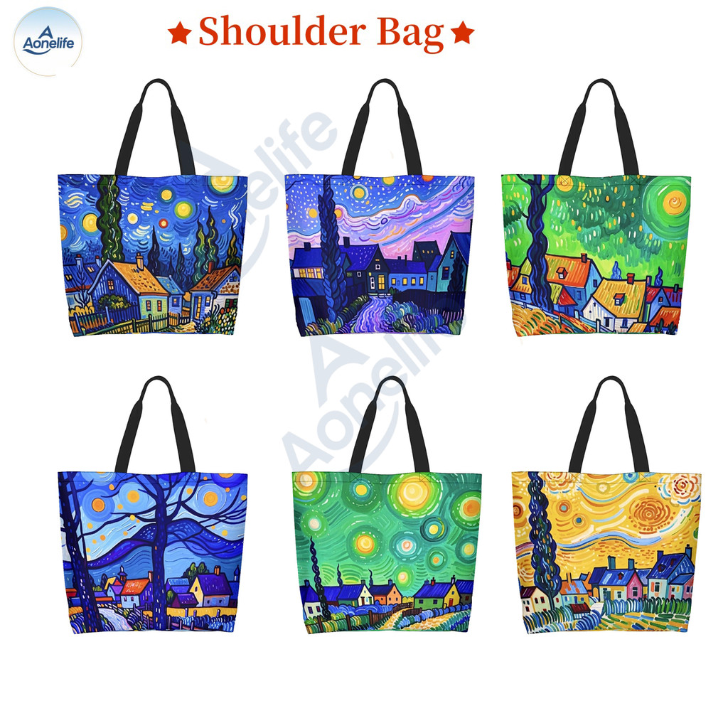 In Stock Van Gogh Impressionism กระเป๋าสะพายพิมพ์ลายแฟชั่นน่ารักสำหรับช้อปปิ้งและพกพา