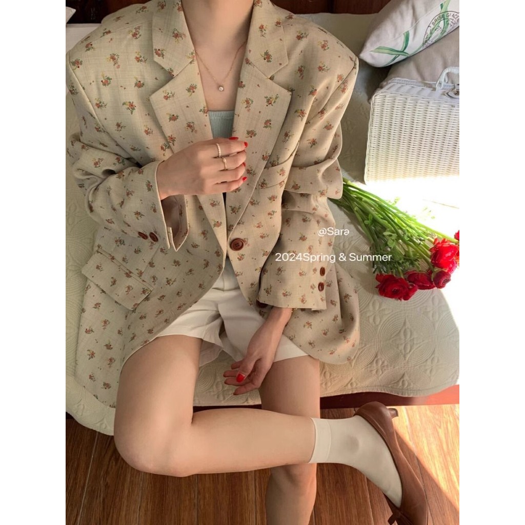 N-Yoda เสื้อเบลเซอร์ลายดอกไม้สไตล์เกาหลี สำหรับผู้หญิง ทรงคล่องตัว